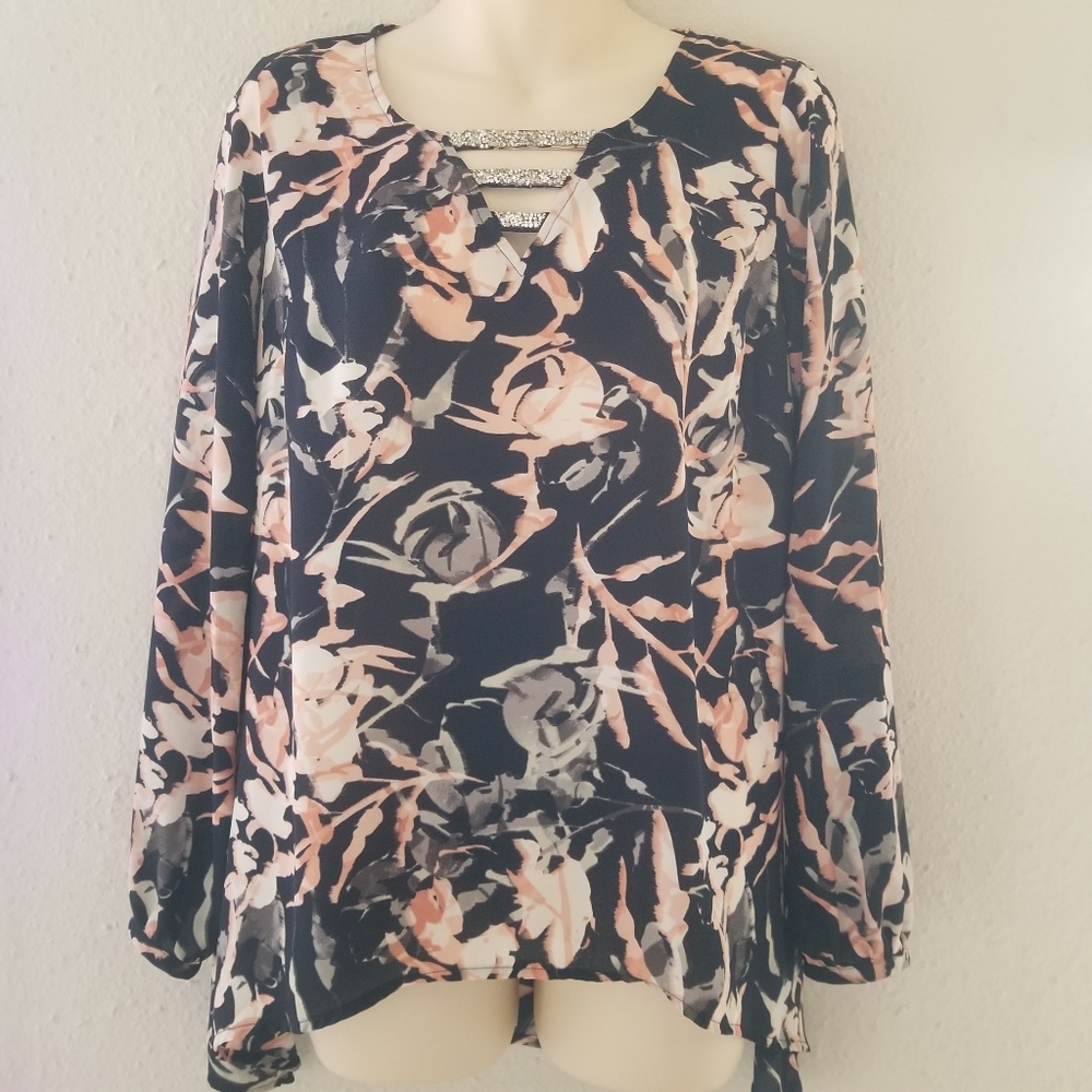 V Neck Chiffon Top w/ Rhinestone Detail